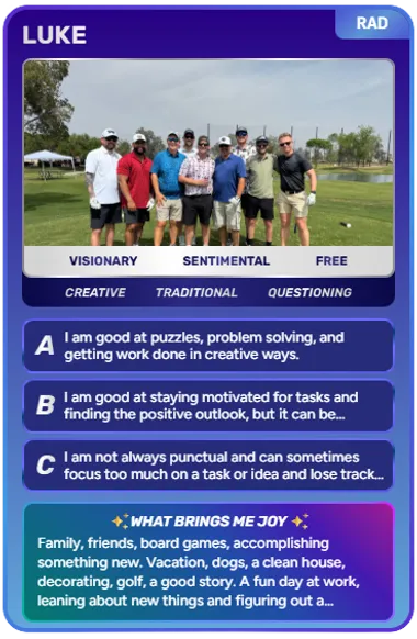A sample Radical Profile card showing a personal photo, six descriptors, three reflections, and a what-brings-me-joy section